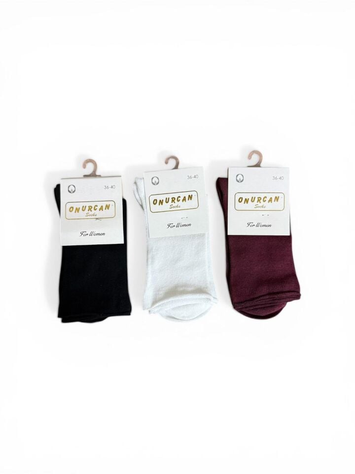 Kadın 3'lü Beyaz-Bordo-Siyah Lastiksiz Bambu Çorap