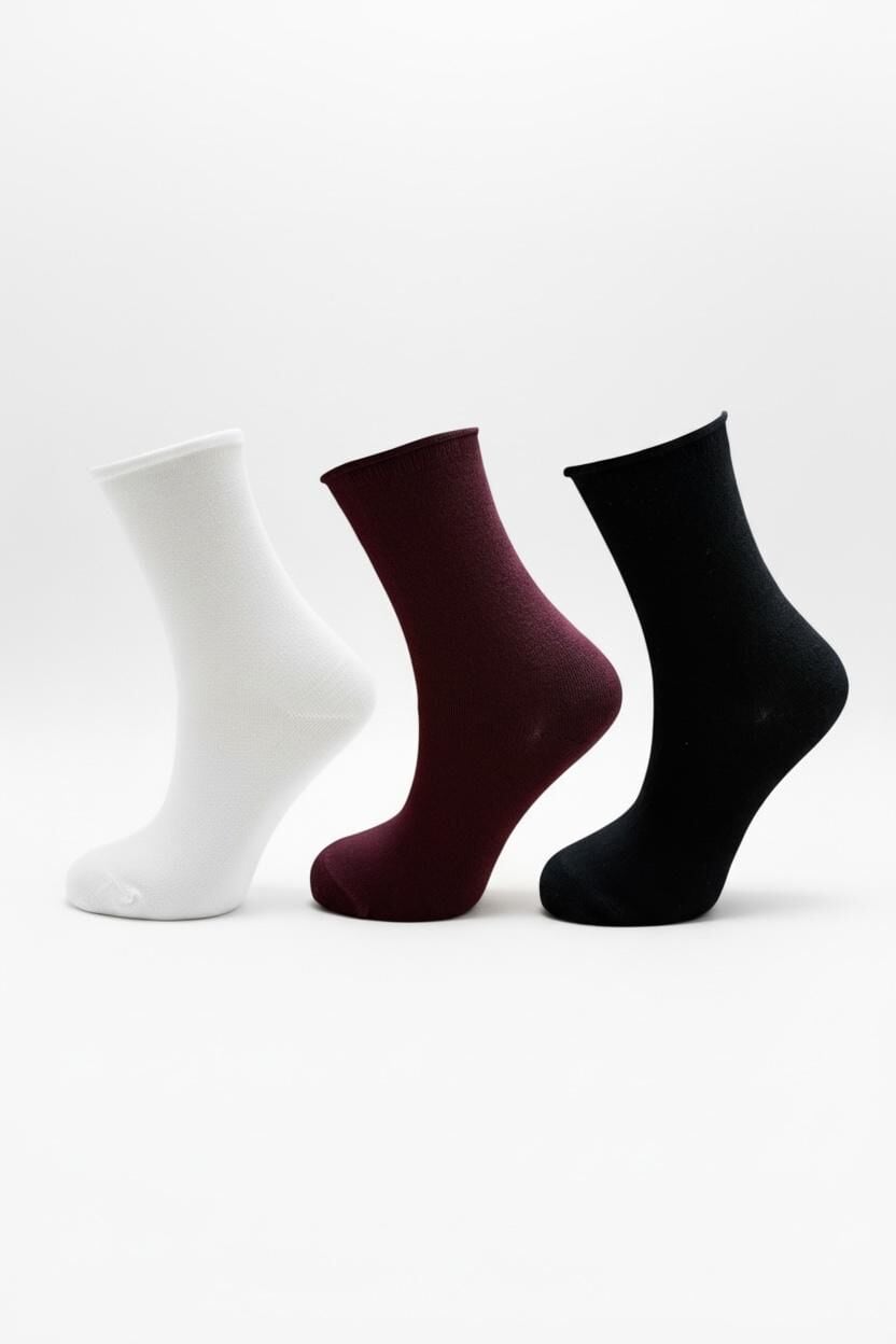 Kadın 3'lü Beyaz-Bordo-Siyah Lastiksiz Bambu Çorap