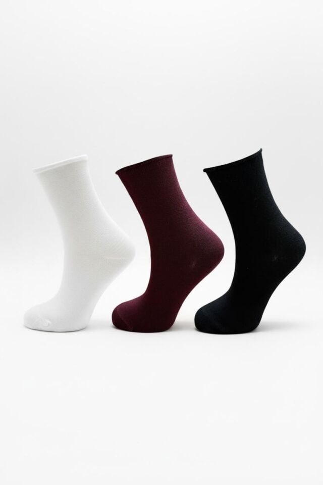 Kadın 3'lü Beyaz-Bordo-Siyah Lastiksiz Bambu Çorap
